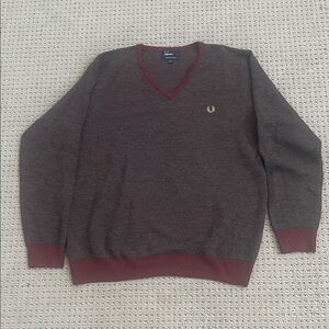 Fred Perry V-Neck Sweater in Dark Brown and Burgundy